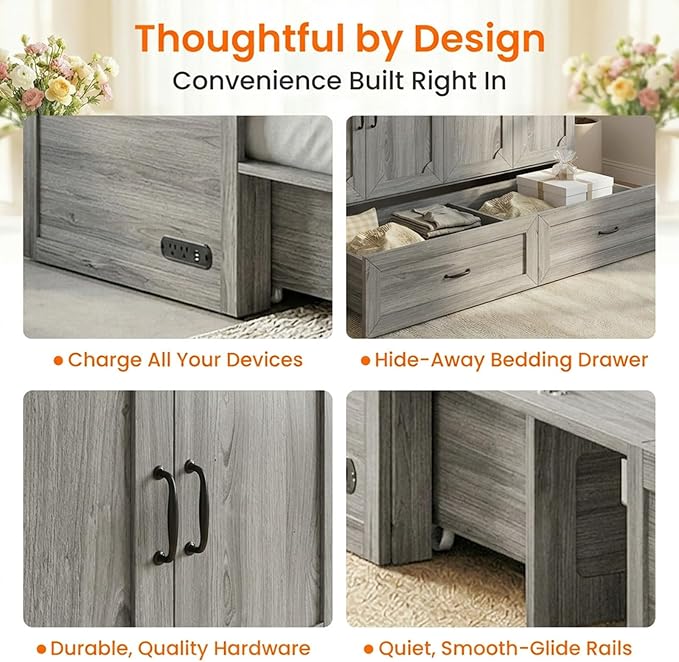 CECER Queen Murphy Bed with Mattress for Small Space/Guest-Grey | Large Storage Drawer ＆ Built-in Multi-Port Charging Station，Space Saving ＆ Easy Assemble and Conversion