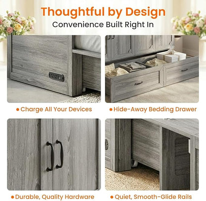 CECER Queen Murphy Bed with Mattress for Small Space/Guest-Grey | Large Storage Drawer ＆ Built-in Multi-Port Charging Station，Space Saving ＆ Easy Assemble and Conversion