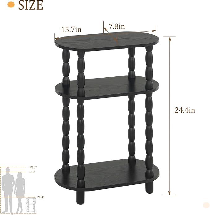 MaxSmeo Small Narrow Side Table, 3-Tier Narrow End Table with Storage, Skinny Side Table Nightstand for Small Spaces, Bedrooms, Living Room (Black)