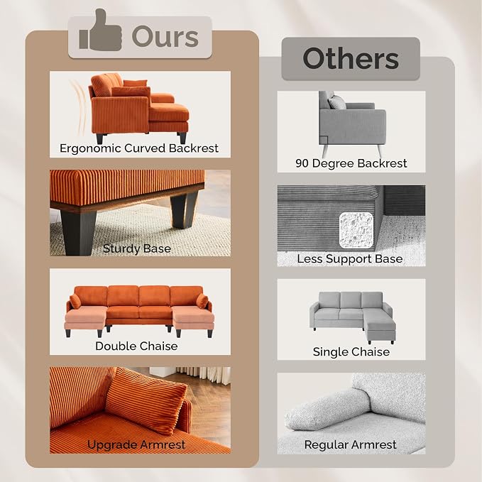 VINGLI 108" W U-Shaped Sectional Couches for Living Room, Sturdy Wooden Armrest Corduroy Cloud Couch with Double Chaise, High Support Modern 4-Seat Sectional Sofa for Apartment, Offices, Orange