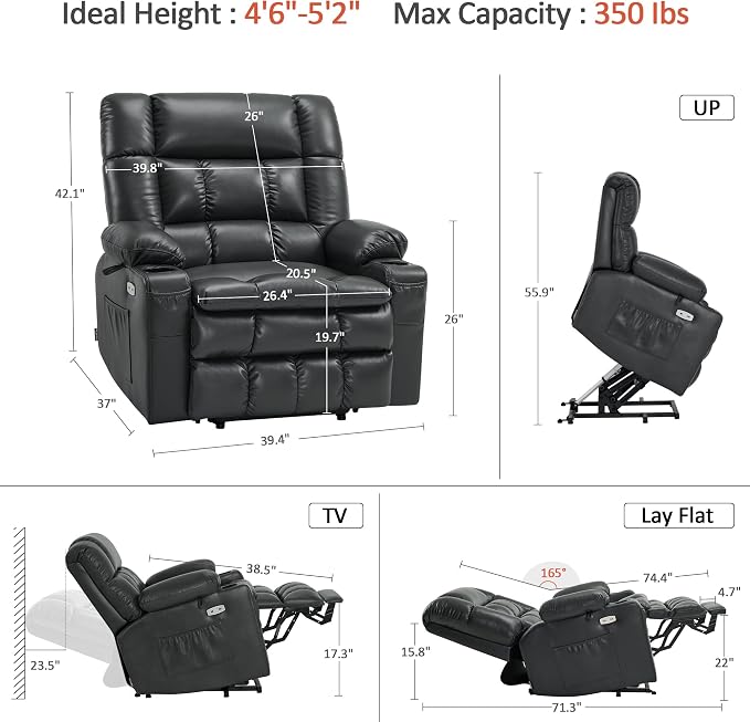 MCombo Small Dual Motor Power Lift Recliner Chair for Elderly, Zero Gravity Lift Chair with Heat and Massage, Lay Flat Recliner for Petite, USB Ports, Faux Leather R7894 (Black, Small-Wide)