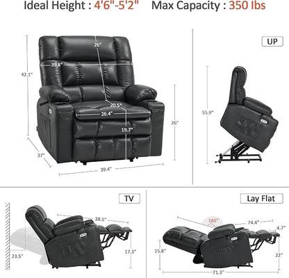 MCombo Small Dual Motor Power Lift Recliner Chair for Elderly, Zero Gravity Lift Chair with Heat and Massage, Lay Flat Recliner for Petite, USB Ports, Faux Leather R7894 (Black, Small-Wide)