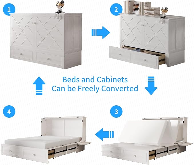 PUREMIND Queen Murphy Bed with Mattress Included, Murphy Cabinet Bed with Storage Drawer, Built-in Charging Station, Solid Wood Frame, Space-Saving Cabinet Beds for Small Spaces/Guest Room (White)