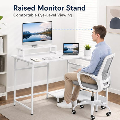 DEVAISE 47" L Shaped Gaming Desk with LED Lights and Power Outlets - Spacious Corner Computer Table with Monitor Stand and Storage Shelves for Work and Gaming, White