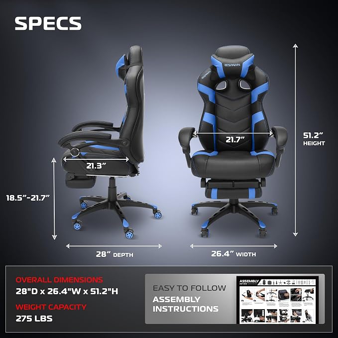 RESPAWN 110 Pro Ergonomic Gaming Chair with Footrest for Adults - Comfortable Office Gaming Recliner with Lumbar Support and Headrest, Racing Style Video Game Chairs for Computer Gamer - Blue