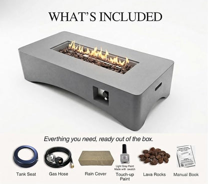 56" Propane Fire Pit Table, 50,000 BTU Rectangular Outdoor Gas Fire Pit, Concrete Patio Fire Table with Tank Seat, Lava Rocks & Waterproof Cover for Backyard Deck, Light Grey