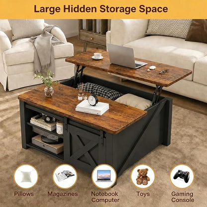 Simple Deluxe Lift Top Coffee Table with Storage, Farmhouse Coffee Table for Living Room, Coffee Tables with Hidden Storage, Coffee Tables with Lifting Top Center Table for Living Room (Black)