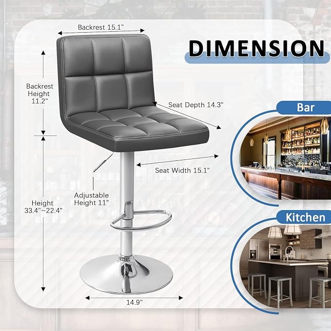 Homall Bar Stools Modern PU Leather Adjustable Swivel Barstools, Armless Hydraulic Kitchen Counter Bar Stool Extra Height Square Island Barstool with Back Set of 2 (Leather, Deep Gray)