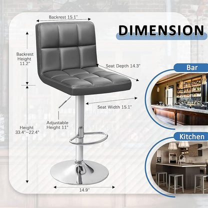Homall Bar Stools Modern PU Leather Adjustable Swivel Barstools, Armless Hydraulic Kitchen Counter Bar Stool Extra Height Square Island Barstool with Back Set of 2 (Leather, Deep Gray)