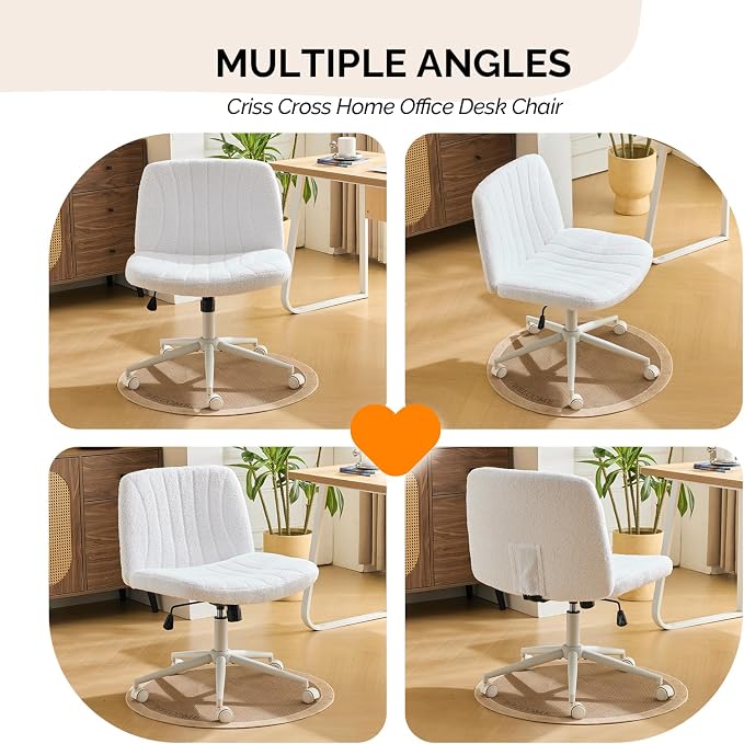 VINGLI Criss Cross Legged Chair,Wide Comfy Office Desk Chair,Dual-Use with/no Wheels Computer Task Chair,Swivel Armless Vanity Boucle Chair for Study,Make Up,Home Office,Teddy Fleece,White