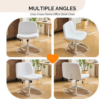 VINGLI Criss Cross Legged Chair,Wide Comfy Office Desk Chair,Dual-Use with/no Wheels Computer Task Chair,Swivel Armless Vanity Boucle Chair for Study,Make Up,Home Office,Teddy Fleece,White