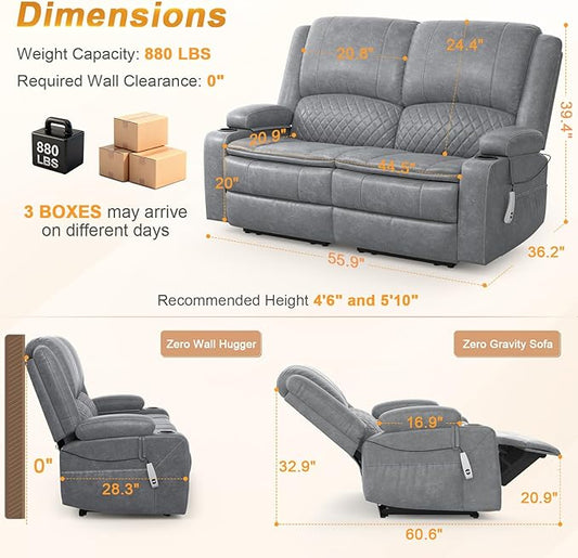 Loveseat Recliner Sofa, Power Reclining Loveseat Sofa RV Couch with Removable Armrest and Remote Control, Wall Hugger Home Theater Seating with 2-Tier Cushions, Storage & USB Ports, PU Grey
