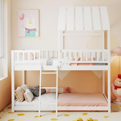 Giantex Twin Over Twin House Bunk Bed, Low Loft Bed Frame with Roof, Wood Bunk Bed with Ladder & Full-Length Guardrails, Twin Floor Bed for Kids Teens Boys Girls, No Box Spring Needed (White)