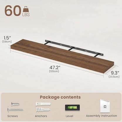Vivelove Walnut Floating Shelves 48 Inches Long, Wall Display Shelves with Invisible Brackets, for Bathroom Living Room Kitchen Bedroom Office Farmhouse Home Decor, 48x9.3X 1.5 - Set of 2, Walnut