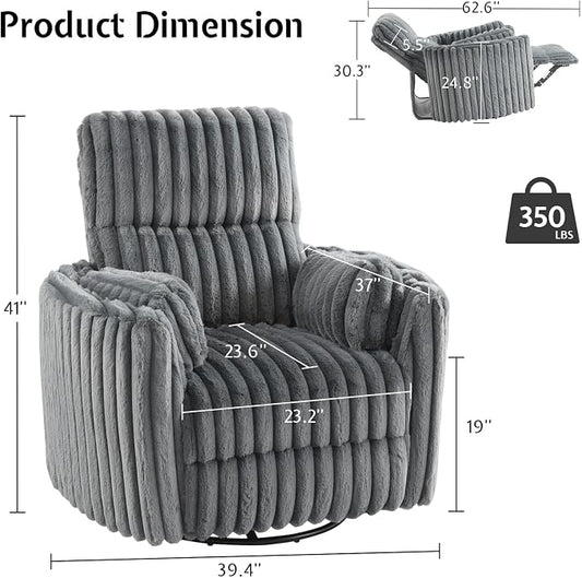 Jocisland Power Recliner Nursery Chair for Adults, Electric Swivel Rocking Glider with USB & Type-C Charge, Plush Corduroy Armchair with 2 Pillows, Cozy Reclining Sofa for Living Room, Bedroom, Grey
