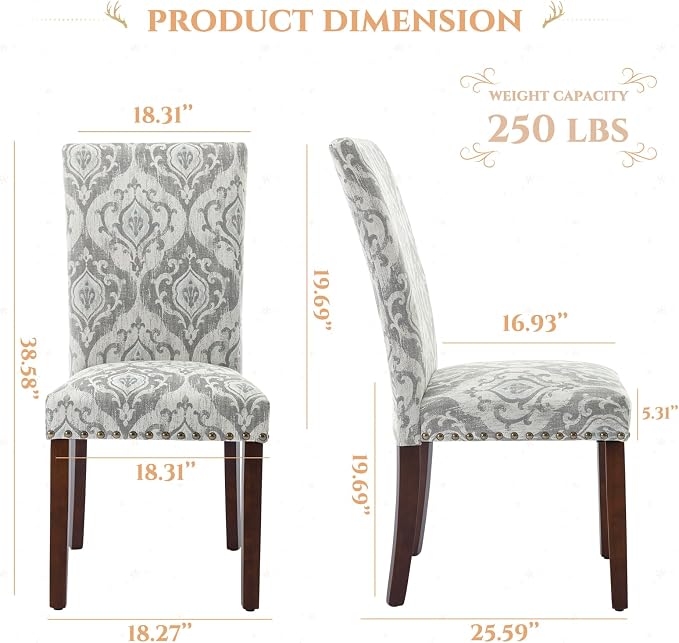 Parsons Dining Chairs Set of 6, Upholstered Nailhead Dining Room Kitchen Side Chair with Thick Cushions and Wood Legs, White/Grey