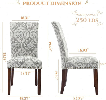Parsons Dining Chairs Set of 6, Upholstered Nailhead Dining Room Kitchen Side Chair with Thick Cushions and Wood Legs, White/Grey