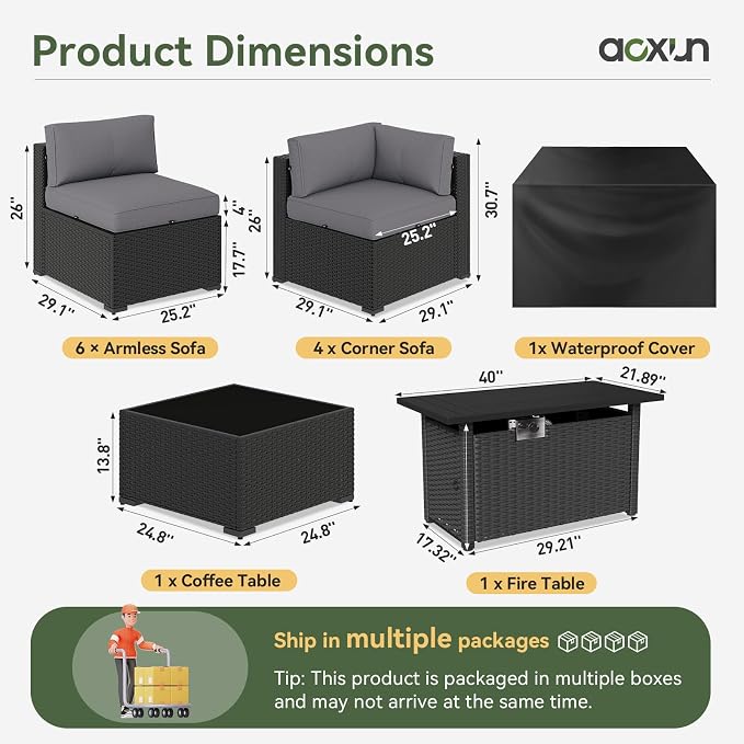 Aoxun 15 Piece Patio Furniture Set with 44” Fire Pit Table Rattan Patio Sectional Sofa Set Outdoor Seating Furniture with Thickened Cushion, Grey