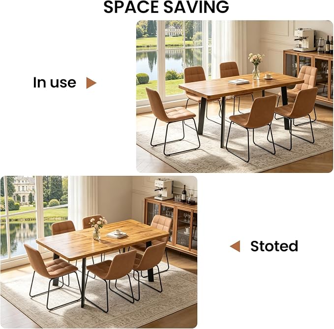 Extendable Dining Table Set for 4 to 8 People, 47.2" to 63" Modern Kitchen Table Set with 6 Chairs, MDF Dining Room Table and Chairs with Removable Extension Leaf (Walnut Table+U-Shaped Brown Chairs)