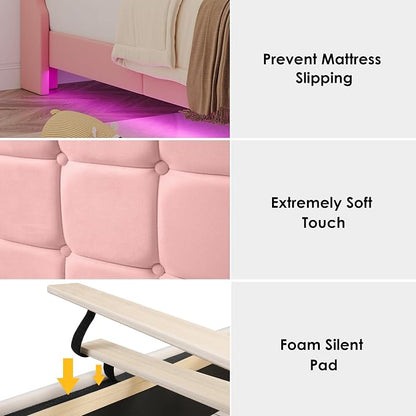 Keyluv Twin Floating Bed Frame with Storage Headboard, LED Lights & Charging Station Platform Bed, Soft Upholstered Velvet, USB/Type-C Ports, Easy Assembly, Pink