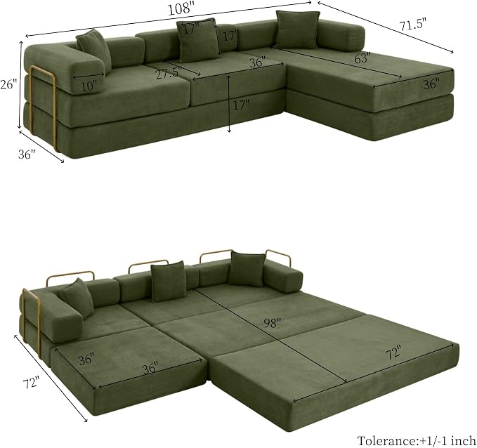 HANXIN 108" Modular Sectional Sofa, Futon Convertible Sofa Bed,Oversized Corduroy Boneless Couch for Living Room,Floor Loveseat Sleeper with Pull Out Bed,Free Combination,No Assembly Required (Green)