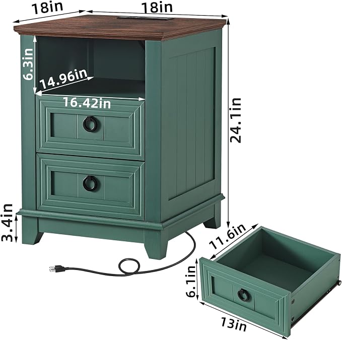 Joaxswe 18" Farmhouse Night Stands Set of 2 with Charging Station, 2 Drawers Bedside End Table, Green Wooden Nightstand, Bed Side Table Cabinet with Open Shelf for Bedroom Living Room Office