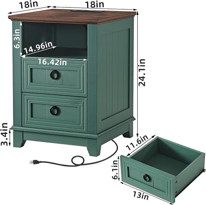 Joaxswe 18" Farmhouse Night Stand with Charging Station, 2 Drawers Bedside End Table, Green Wooden Nightstand, Bed Side Table Cabinet with Open Shelf for Bedroom Living Room Office