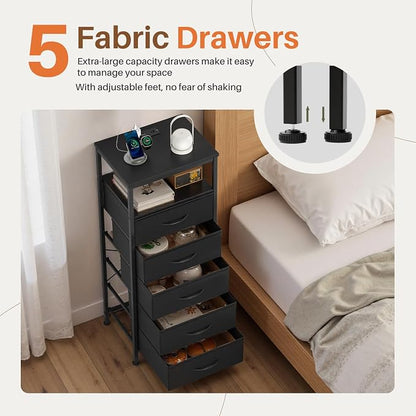 Sweetcrispy Nightstand with Charging Station, Dimmable LED Light Strip, 5 Fabric Storage Drawers, USB-C & AC Outlets, Sturdy Adjustable Feet, Modern Multifunctional Bedside Table, Black