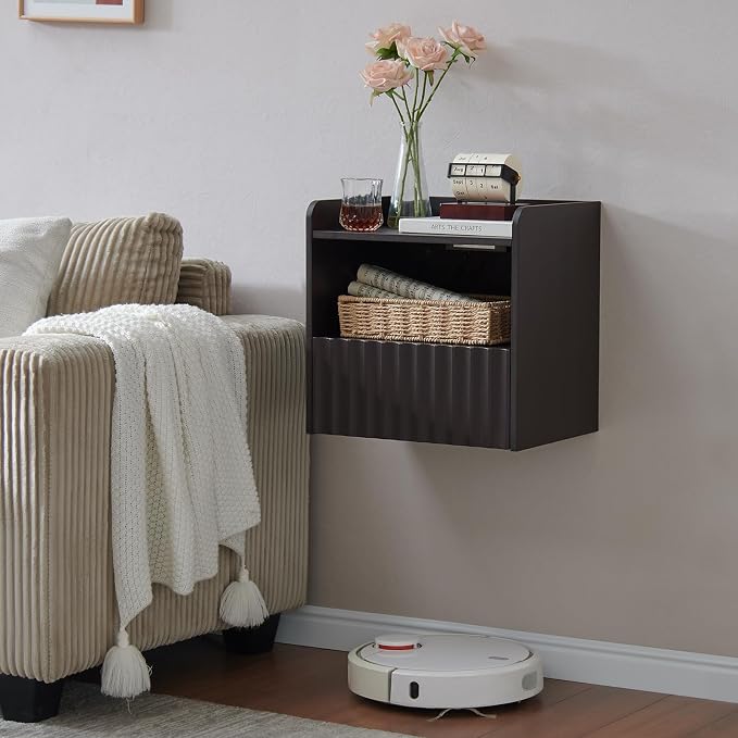 BuildHom Modern Fluted Floating Nightstand Wall Mounted - Bedside Table with Storage Drawer & Display Shelf, Minimalist Bedroom Furniture for Studio Apartments(Espresso)
