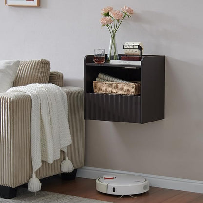 BuildHom Modern Fluted Floating Nightstand Wall Mounted - Bedside Table with Storage Drawer & Display Shelf, Minimalist Bedroom Furniture for Studio Apartments(Espresso)