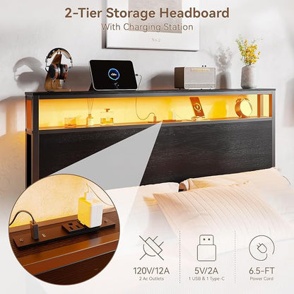 Forestell Full Size Bed Frame with Storage Headboard & 6 Drawers, Metal Platform Bed Frame with LED Lights & Charging Station, 2 Tier Shelf Storage Bedframe, No Box Spring Needed, Noise Free, Black