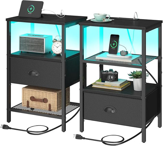 sthmec Nightstands Set of 2, LED Night Stands with Charging Station and Fabric Drawer, Bedside Tables with Drawers, 2- Tier LED Side Tables End Table Charging Station Bedroom, Black