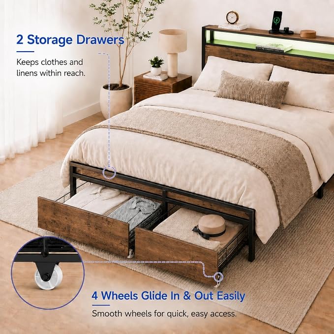 Zevemomo Full Size Bed Frame with Storage Drawers, Bed Frame Full Size with Headboard, LED Light, Charging Station with 3 USB Ports & 1 Type-C Port, Noiseless, Rustic Brown
