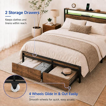 Zevemomo Full Size Bed Frame with Storage Drawers, Bed Frame Full Size with Headboard, LED Light, Charging Station with 3 USB Ports & 1 Type-C Port, Noiseless, Rustic Brown