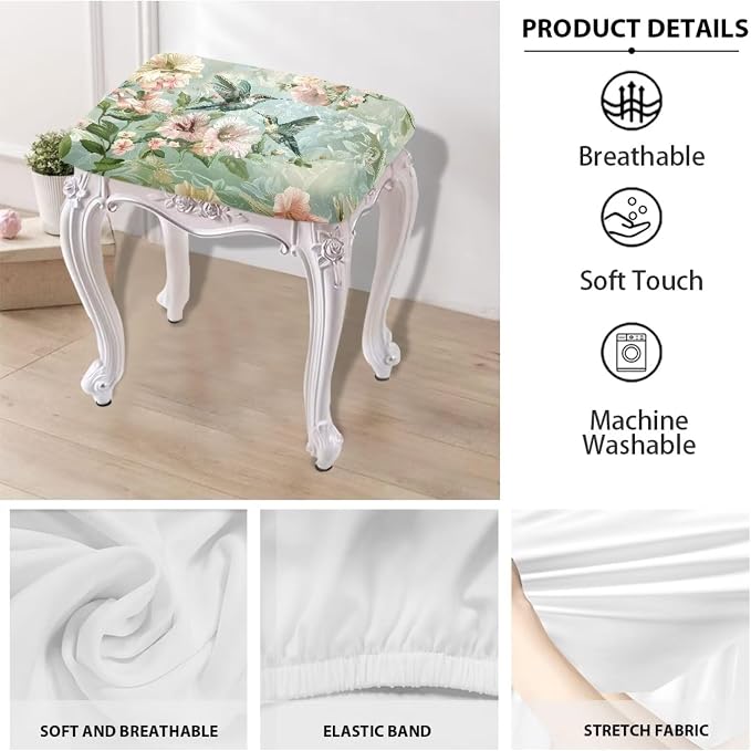 Bar Stool Chair Covers Rectangle Hummingbird Spring Flower Bar Stool Covers Set of 2 Vanity Stool Covers Stretch Washable Saddle Bar Stool Slipcover Bench Seat Protector with Elastic Bands