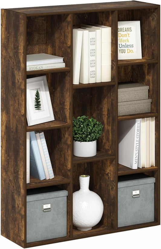 Furinno LUDER Book Shelf, 11-Cube Bookshelf, Reversible Bookcase, 9.4 x 29.1 x 41.7, Easy Assembly, for Living Room, Bedroom, Home Office, Amber Pine