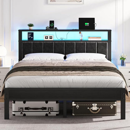 OLEVS Queen Size Bed Frame with LED Lights & Charging Station, Modern Platform Bed with 2-Tier Storage Headboard, No Box Spring Needed, Noise Free