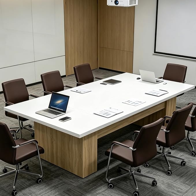 130" W Extra Large Conference Desk Table for 8-10 Persons, Modern Office Work Desk with Sturdy Pedestal Base, Long Rectangular Executive Study Table for Office, Living Room, White & Oak