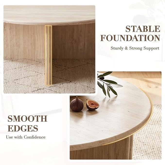 DUOMAY Coffee Table and End Table Set of 2 Modern Round Nesting Coffee Table Faux Marble Side Table Wooden Beige Travertine Finish for Living Room, Reception Room, Home Office