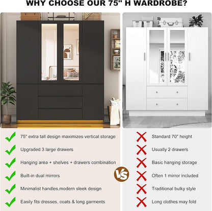 4 Doors Armoire Wooden Wardrobe Closet with 3 Drawers & 2 Mirror, 75"H Clothing Storage Cabinet with Hanging Rod,Modern Bedroom Large Freestanding Armoires with Led Lights for Bedroom, Black