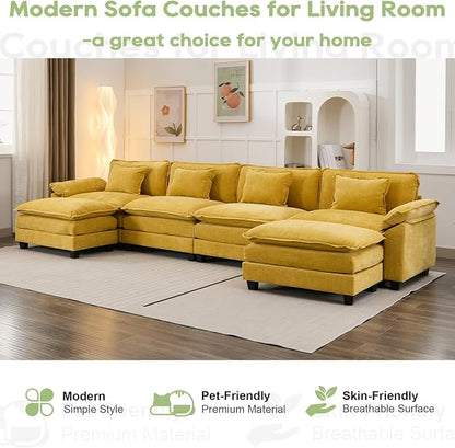 Oprisen 154" Modular Sectional Sofa, Comfy Cloud Couch Sectional Sofa with Ottoman, Chenille Sofa Sleeper Deep Seat Sofa with Throw Pillows for Living Room (Yellow, 154"- U Shape)