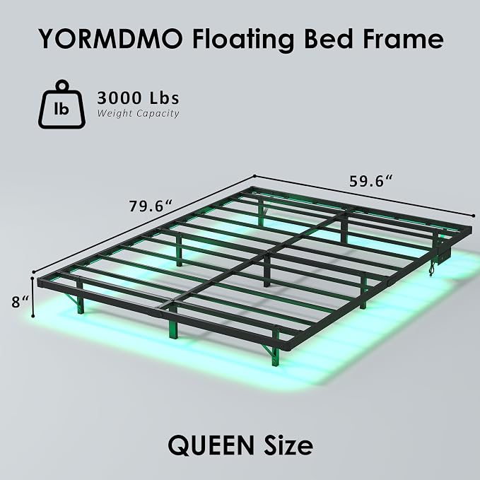 YORMDMO Floating Bed Frame Queen Size, Heavy Duty Bedframe with Smart LED Lights & Charging Station, Modern Metal Platform Bed, Easy Assembly No Box Spring Needed, 8 Inch