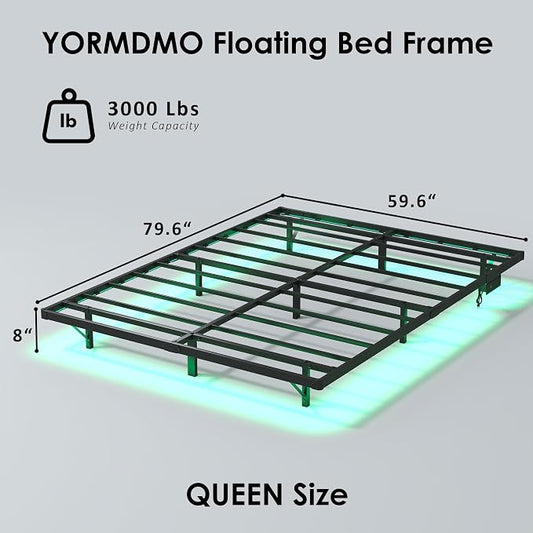 YORMDMO Floating Bed Frame Queen Size, Heavy Duty Bedframe with Smart LED Lights & Charging Station, Modern Metal Platform Bed, Easy Assembly No Box Spring Needed, 8 Inch
