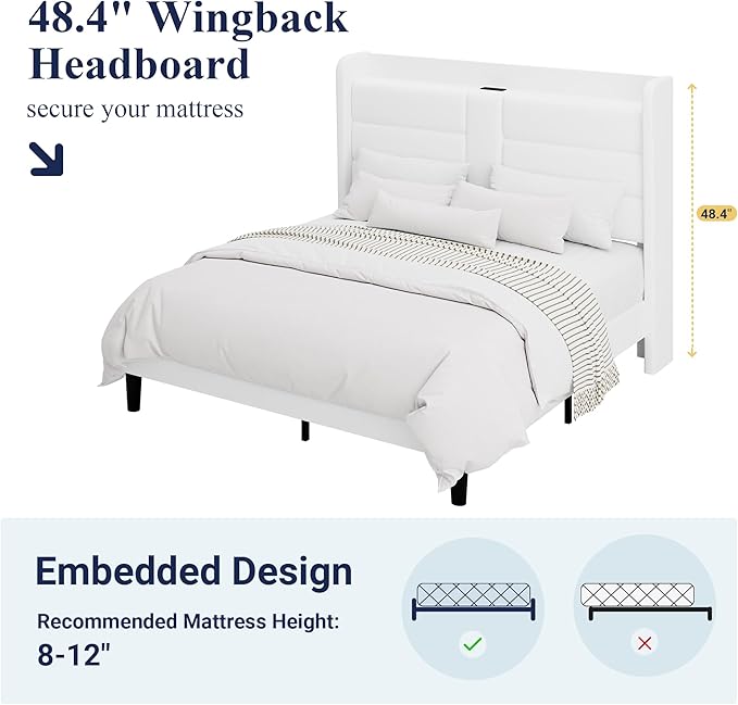 Allewie Full Size Platform Bed Frame with Charging Station & Storage Headboard, Upholstered Velvet Wingback Design & USB Port, Strong Wooden Slats Support, No Box Spring Needed, Easy Assembly, White
