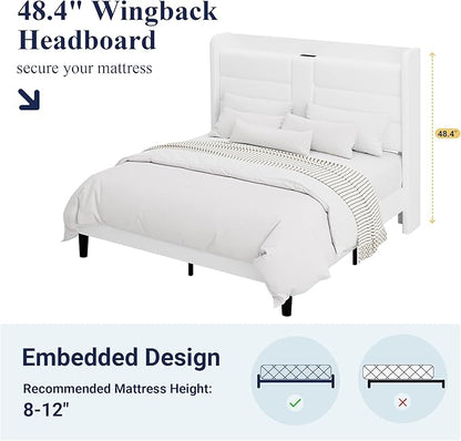Allewie Full Size Platform Bed Frame with Charging Station & Storage Headboard, Upholstered Velvet Wingback Design & USB Port, Strong Wooden Slats Support, No Box Spring Needed, Easy Assembly, White