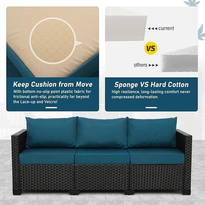 Rattan Star Outdoor Furniture Couch 3 Seater Sofa Outdoor Wicker Sofa Deep Seat High Backrest Patio Couch with Non-Slip Cushions Waterproof Cover, Peacock Blue