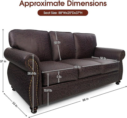 Couchus Mid-Century Vintage Sofa Couches with Rivet Design,3-Seater Sofa,Removable Sofa Cover Upholstered Cushions and Solid Wood Frame (Brown, 3-Seater)