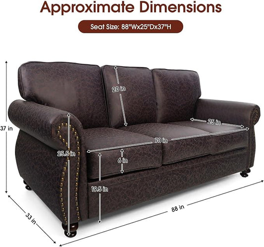 Couchus Mid-Century Vintage Sofa Couches with Rivet Design,3-Seater Sofa,Removable Sofa Cover Upholstered Cushions and Solid Wood Frame (Brown, 3-Seater)
