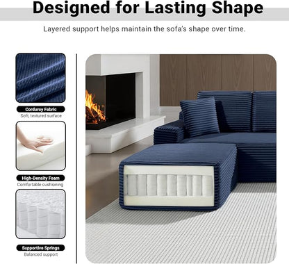 ivoros 150 Inch Modular Sectional Sofa Couch, Oversized Modern Cloud Couch for Living Room, U Shape Couches with 2 Ottomans, USB Ports and Cup Holders, Blue Corduroy Boneless Sofas,Sofa in a Box