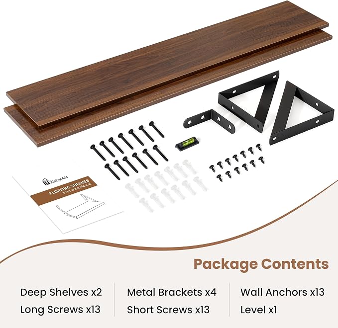 Axeman 40'' x 8'' Floating Shelves Set of 2, Rustic Walnut Wall Shelves with Brackets, Engineered Wood, Includes Mounting Hardware, 45Lbs, Ideal for Books, Plants, Kitchen Utensils and Decorations